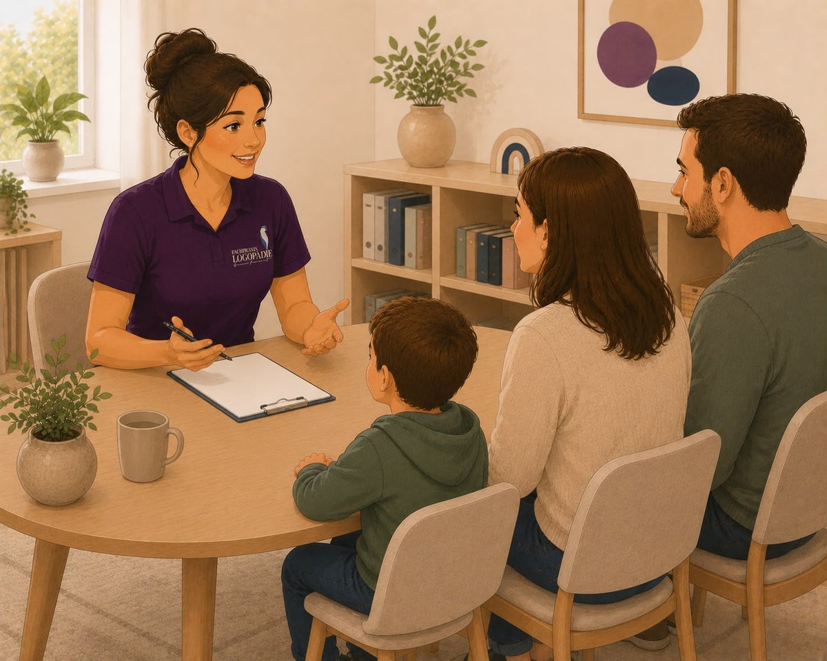 Logopädin im Beratungsgespräch mit einer Familie